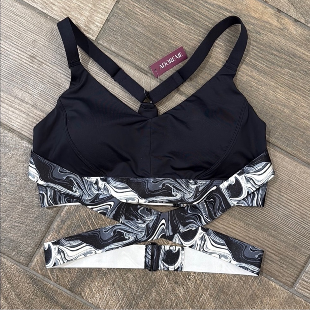 NWT Adore Me Mavin Contour Sports Bra Large Black Marble Adjustable Racerback - Picture 3 of 5